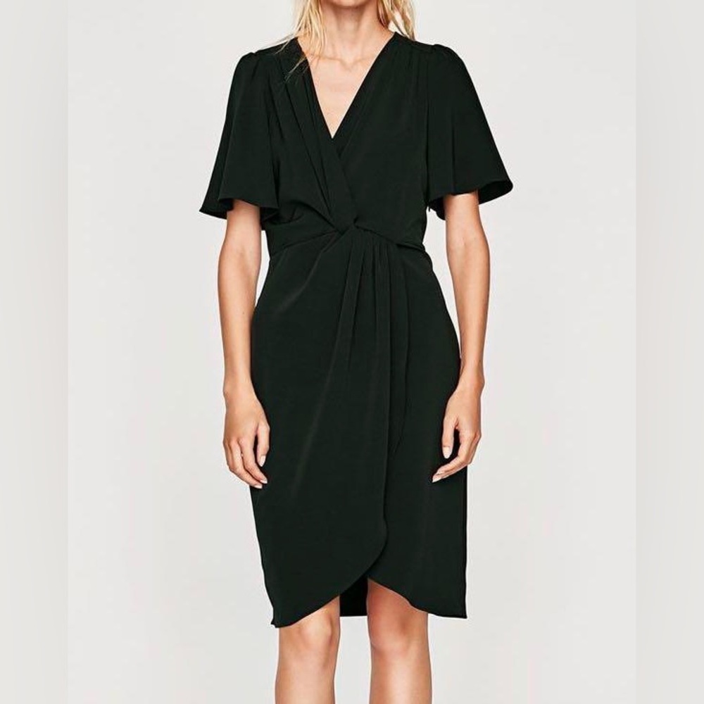 NWOT ZARA Black Draped V neck dress with knotted Waist Size XS